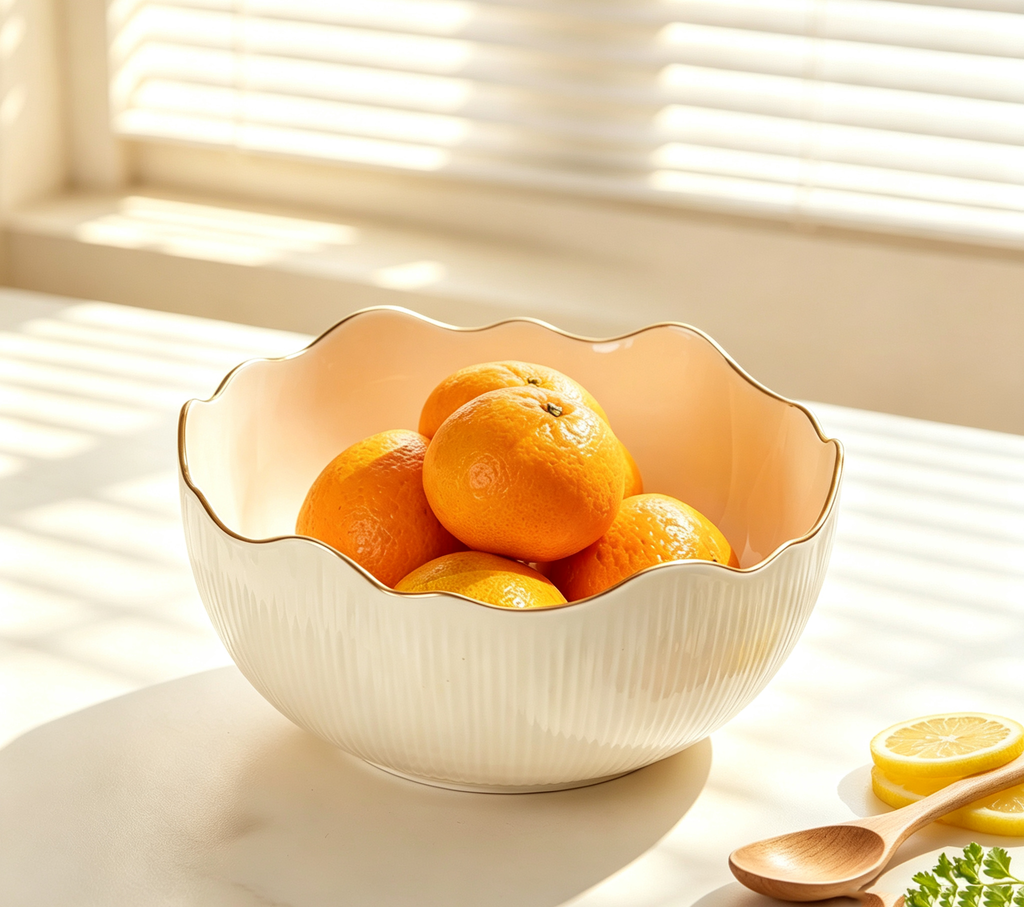 Cream White Gold Rim Wavy Edge PET Fruit Bowl, Unbreakable Minimalist Snack Serving Tray, Japanese Chinese Style Household Kitchen Fruit and Nut Plate
