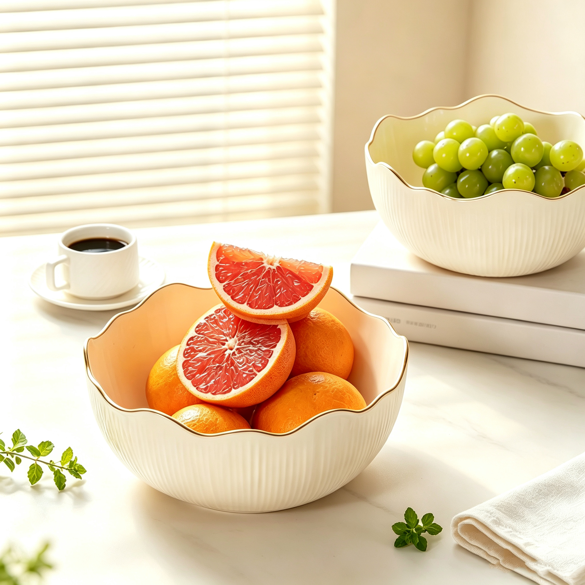 Cream White Gold Rim Wavy Edge PET Fruit Bowl, Unbreakable Minimalist Snack Serving Tray, Japanese Chinese Style Household Kitchen Fruit and Nut Plate