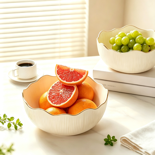 Cream White Gold Rim Wavy Edge PET Fruit Bowl, Unbreakable Minimalist Snack Serving Tray, Japanese Chinese Style Household Kitchen Fruit and Nut Plate