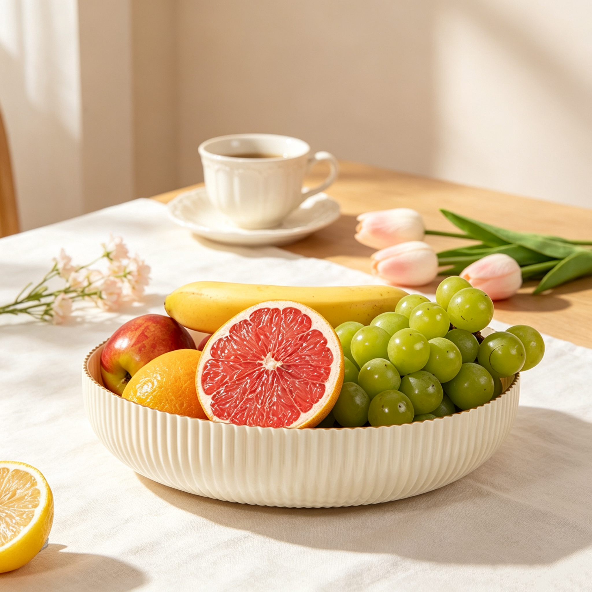 Cream White Vertical Striped PET Fruit Tray, Unbreakable Snack Nut Candy Serving Bowl, Minimalist Japanese Style Home Kitchen Coffee Table Decor Plate