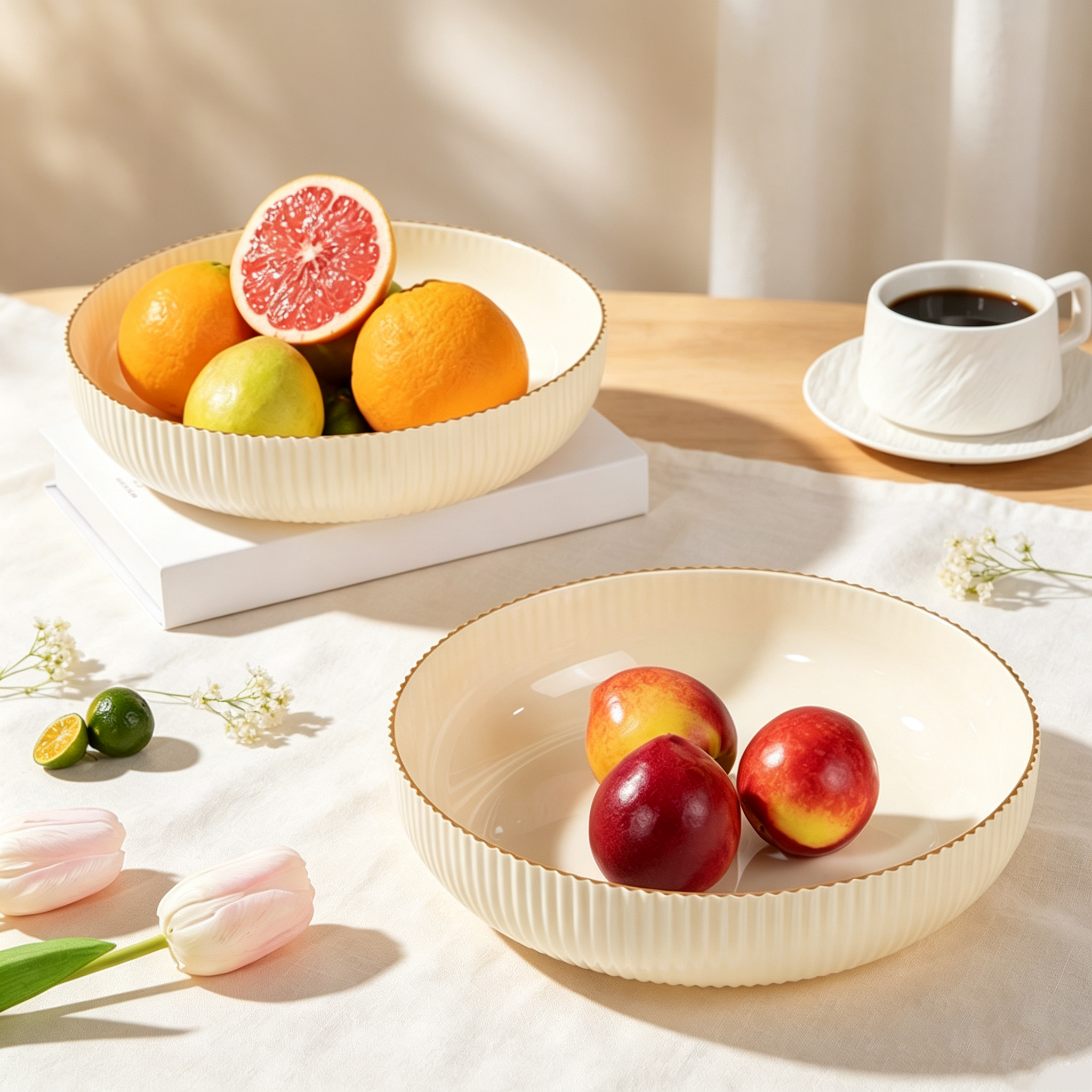 Cream White Vertical Striped PET Fruit Tray, Unbreakable Snack Nut Candy Serving Bowl, Minimalist Japanese Style Home Kitchen Coffee Table Decor Plate