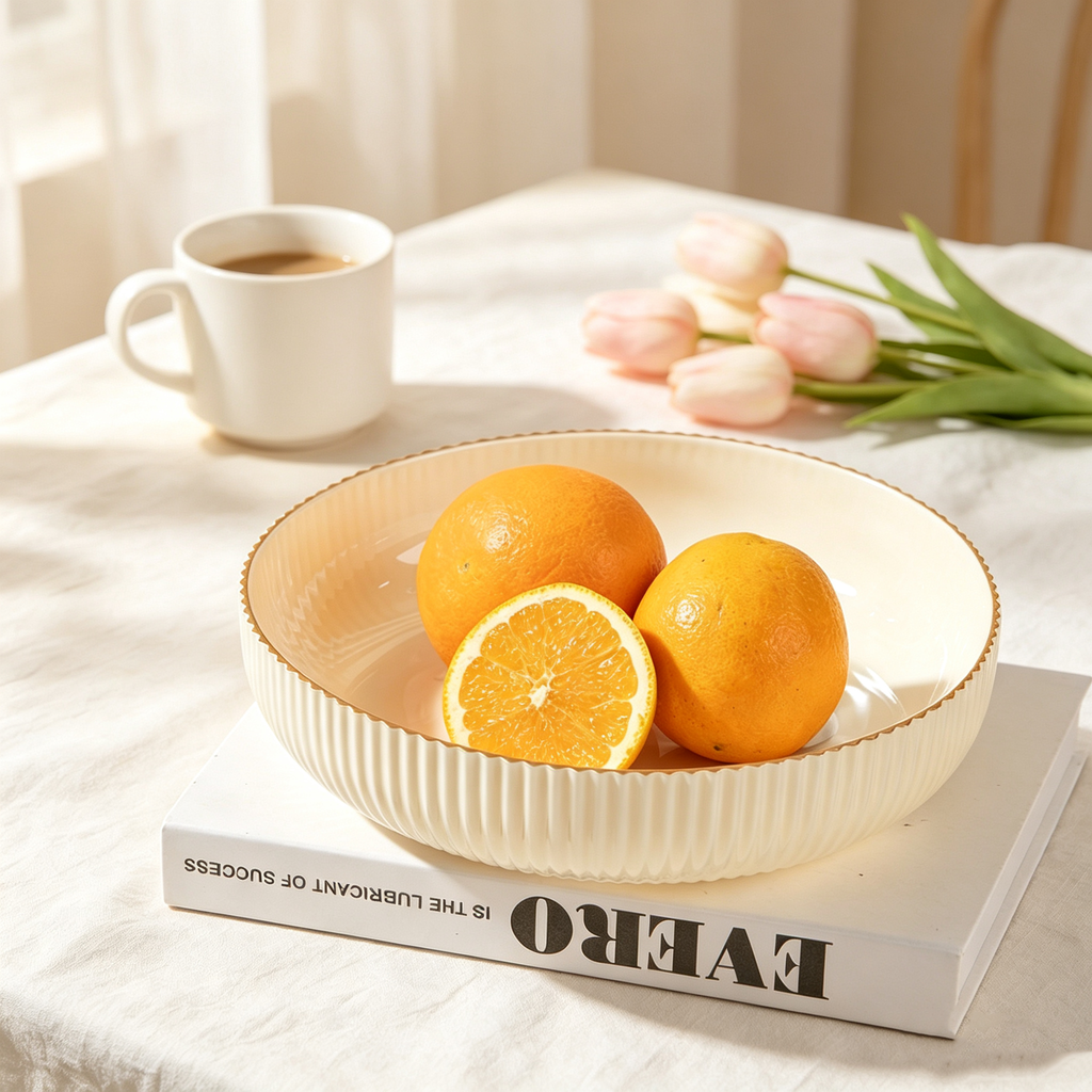 Cream White Vertical Striped PET Fruit Tray, Unbreakable Snack Nut Candy Serving Bowl, Minimalist Japanese Style Home Kitchen Coffee Table Decor Plate