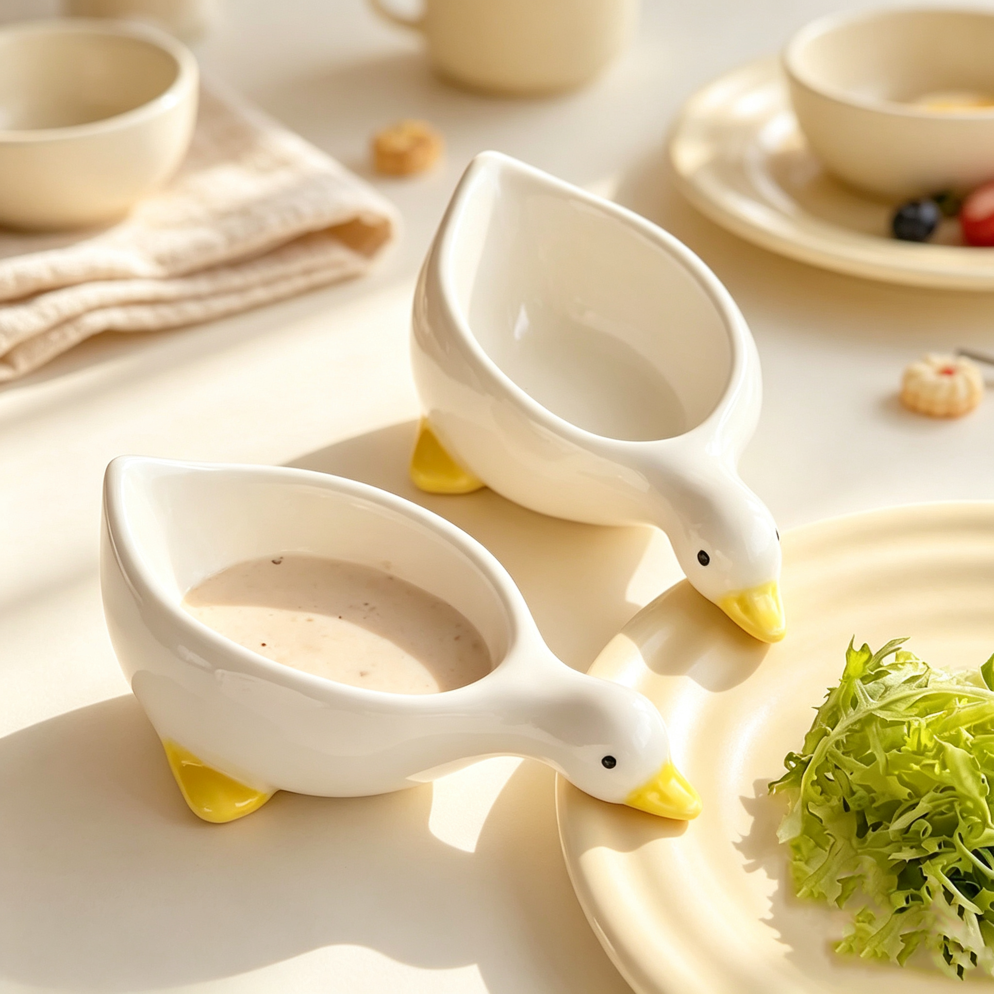 Cute White Goose Ceramic Dipping Sauce Dish, Ins Style Mini Seasoning Plate, Household Vinegar & Soy Sauce Dish for Hot Pot, Barbecue, Salad Dressing, Stackable Small Ceramic Tableware