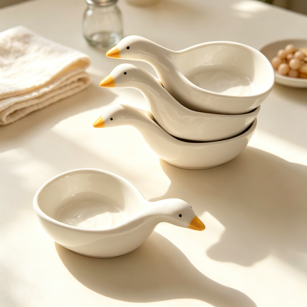 Cute White Goose Ceramic Dipping Sauce Dish, Ins Style Mini Seasoning Plate, Household Vinegar & Soy Sauce Dish for Hot Pot, Barbecue, Salad Dressing, Stackable Small Ceramic Tableware