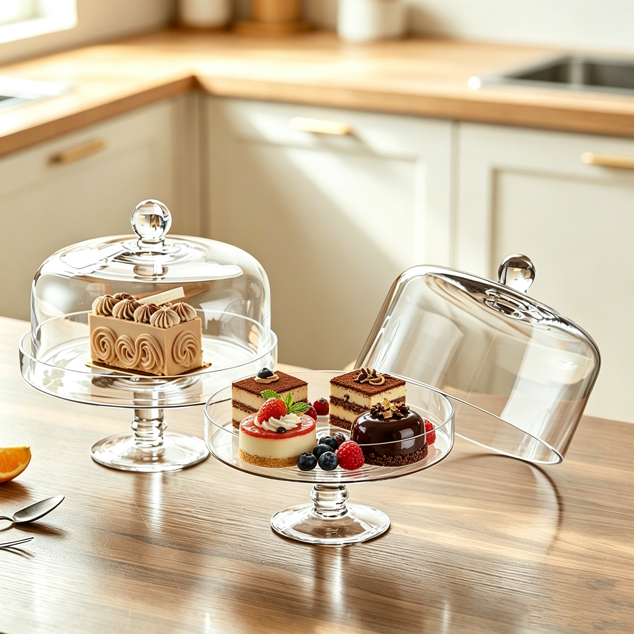 European Footed Glass Cake Stand with Dome Lid, New Chinese Style Dessert Display Tray, Buffet Fruit Pastry Dustproof Cover for Restaurant Tea Party