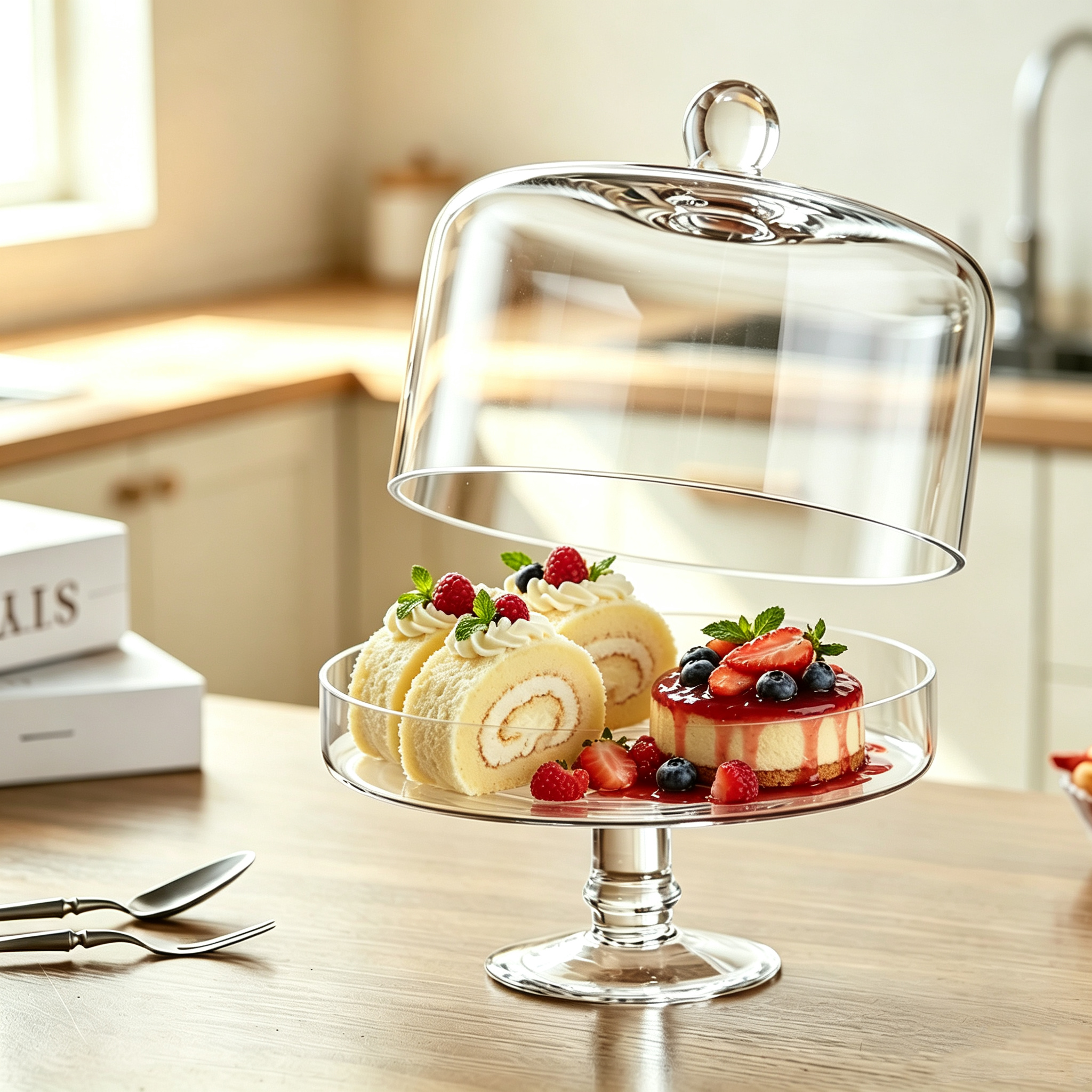 European Footed Glass Cake Stand with Dome Lid, New Chinese Style Dessert Display Tray, Buffet Fruit Pastry Dustproof Cover for Restaurant Tea Party