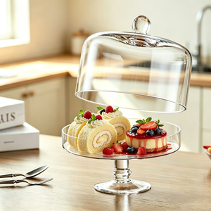 European Footed Glass Cake Stand with Dome Lid, New Chinese Style Dessert Display Tray, Buffet Fruit Pastry Dustproof Cover for Restaurant Tea Party