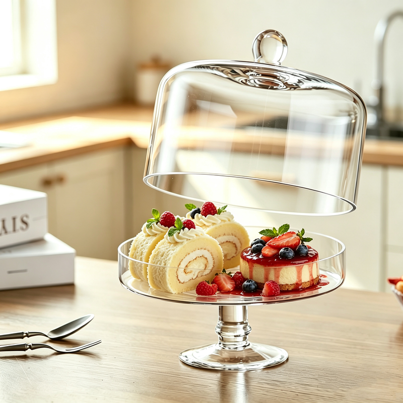 European Footed Glass Cake Stand with Dome Lid, New Chinese Style Dessert Display Tray, Buffet Fruit Pastry Dustproof Cover for Restaurant Tea Party