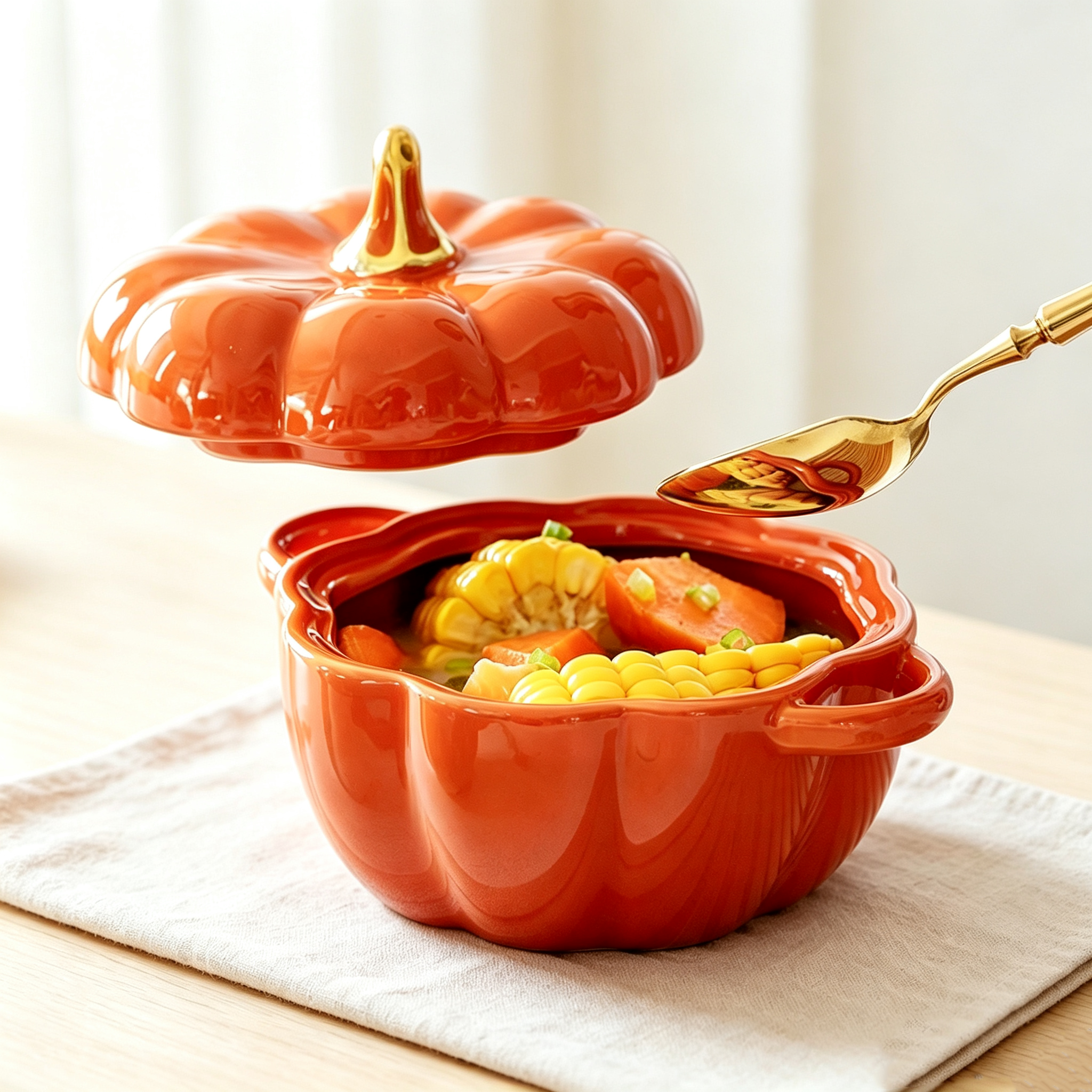 Pumpkin Ceramic Stew Pot with Lid, Double Handle Heat-resistant Steaming Bowl, Household Egg Custard Bowl, Kids Soup Bowl Salad Rice Bowl, Microwave & Oven Safe Tableware