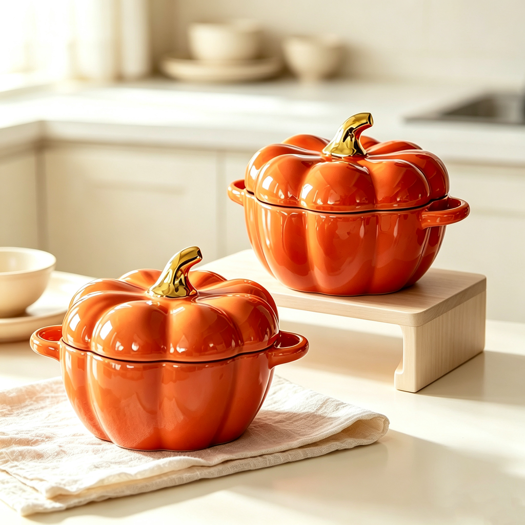 Pumpkin Ceramic Stew Pot with Lid, Double Handle Heat-resistant Steaming Bowl, Household Egg Custard Bowl, Kids Soup Bowl Salad Rice Bowl, Microwave & Oven Safe Tableware