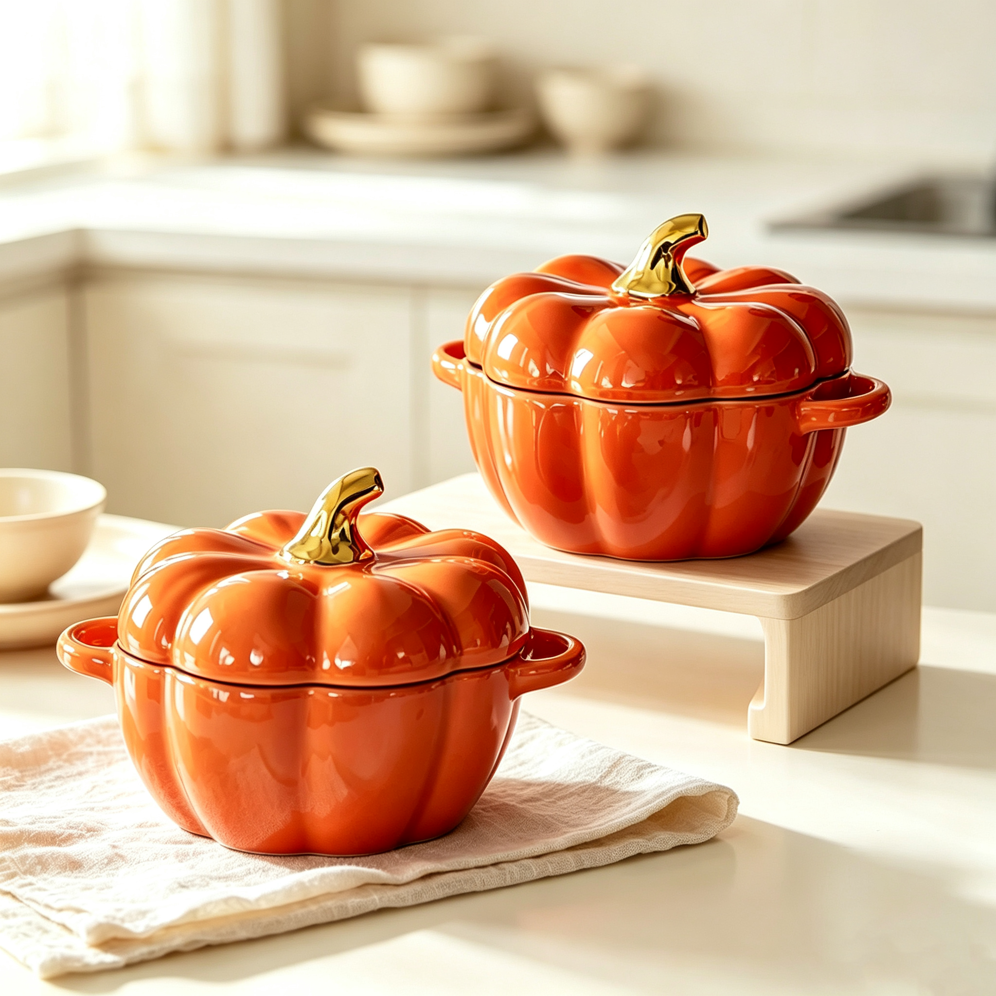 Pumpkin Ceramic Stew Pot with Lid, Double Handle Heat-resistant Steaming Bowl, Household Egg Custard Bowl, Kids Soup Bowl Salad Rice Bowl, Microwave & Oven Safe Tableware