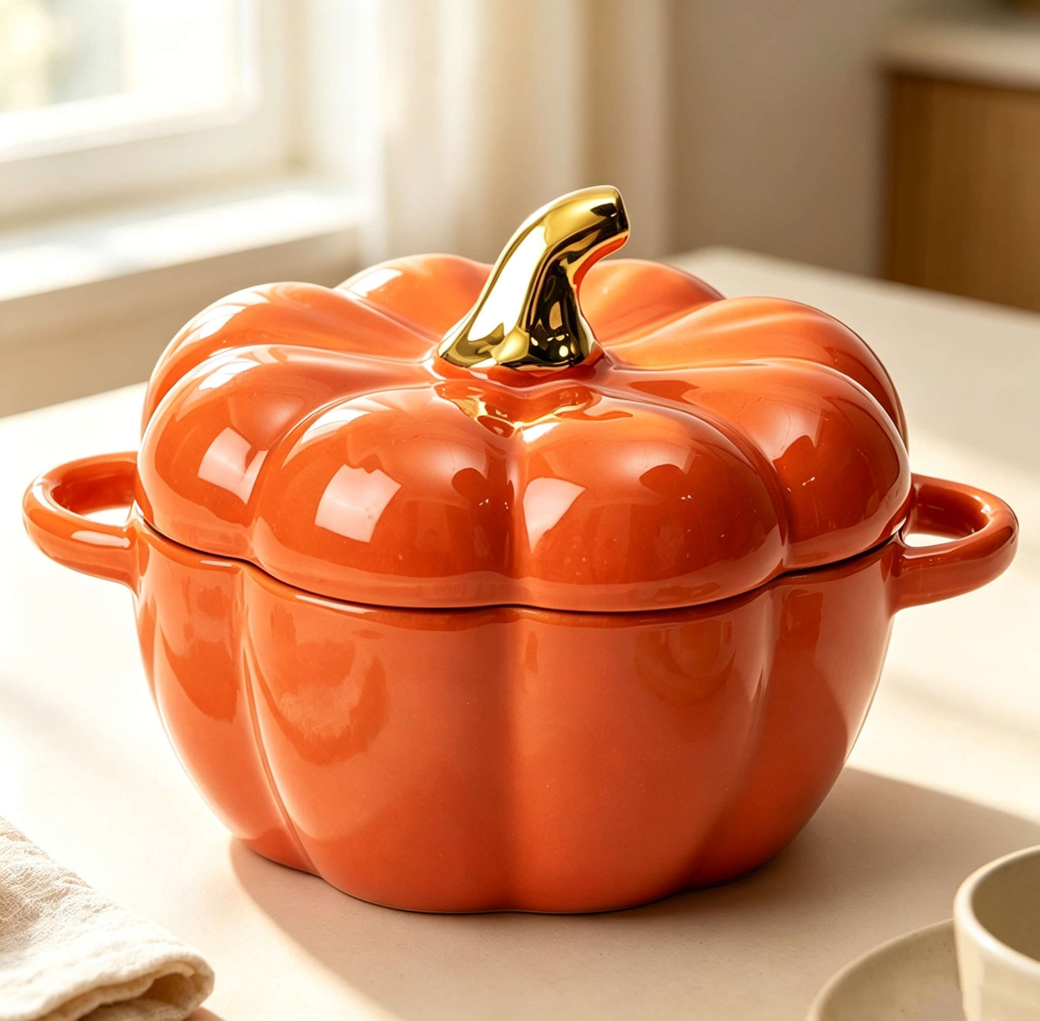 Pumpkin Ceramic Stew Pot with Lid, Double Handle Heat-resistant Steaming Bowl, Household Egg Custard Bowl, Kids Soup Bowl Salad Rice Bowl, Microwave & Oven Safe Tableware