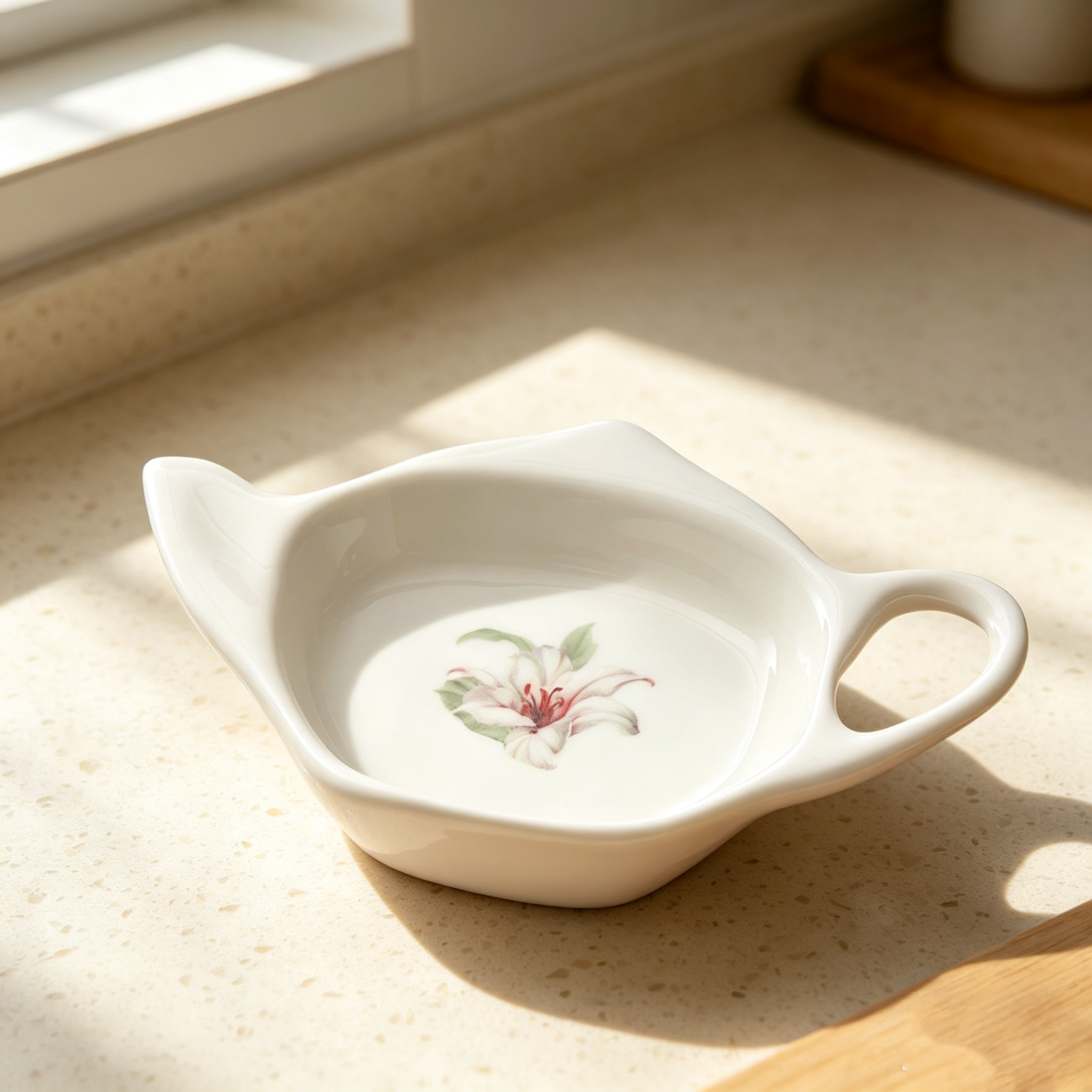 Teapot Shaped Ceramic Tea Bag Holder Dish, Lily Floral Printed Tea Bag Saucers, Afternoon Tea Bag Rest Tray, Decorative Porcelain Tea Bag Holder Gift for Tea Lovers