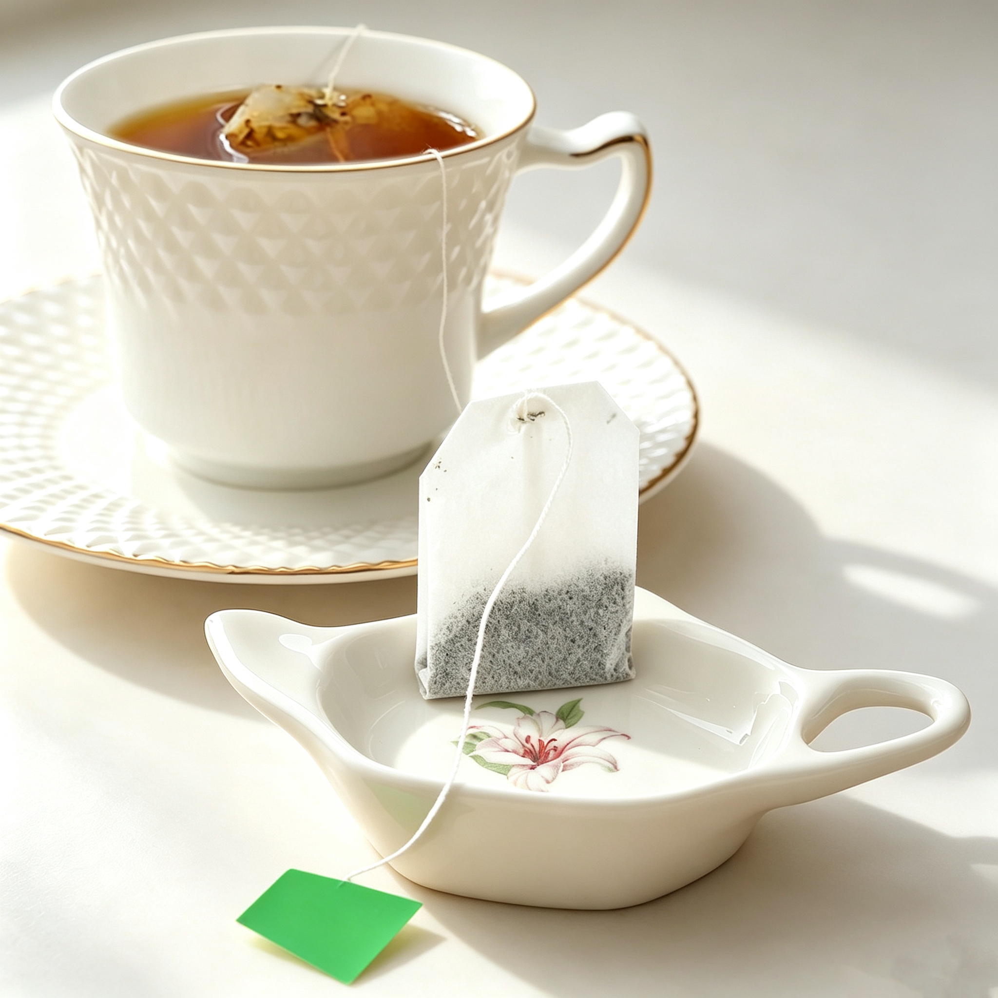 Teapot Shaped Ceramic Tea Bag Holder Dish, Lily Floral Printed Tea Bag Saucers, Afternoon Tea Bag Rest Tray, Decorative Porcelain Tea Bag Holder Gift for Tea Lovers