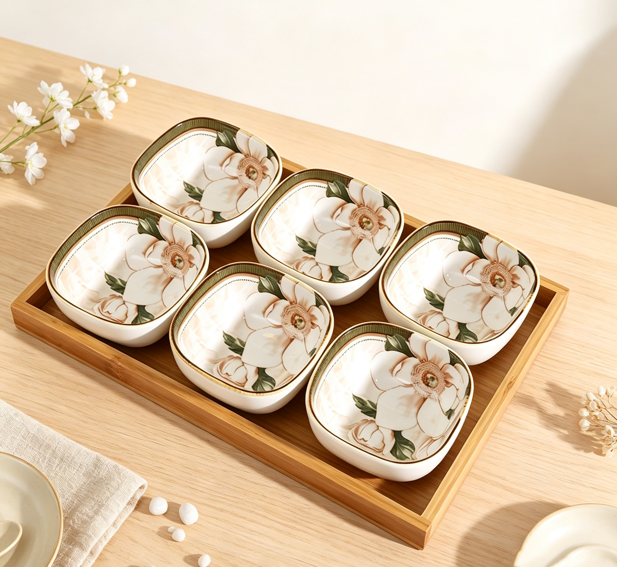Vintage Camellia Ceramic Dipping Sauce Dishes, Japanese Square Small Condiment Plates with Gold Rim, Snack Appetizer Serving Bowls for Home Table Decor