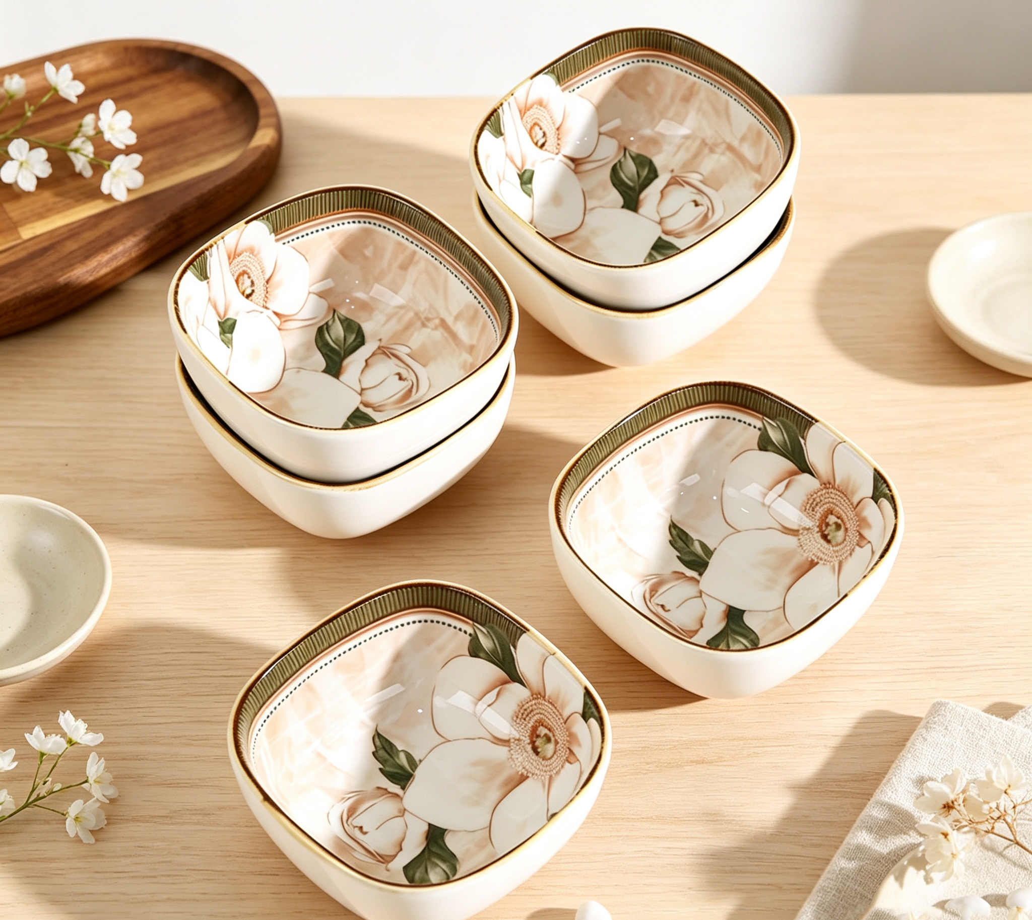 Vintage Camellia Ceramic Dipping Sauce Dishes, Japanese Square Small Condiment Plates with Gold Rim, Snack Appetizer Serving Bowls for Home Table Decor