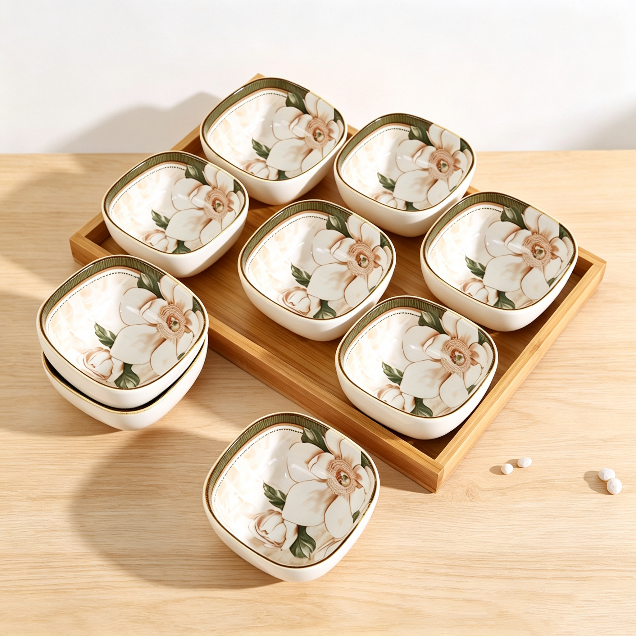 Vintage Camellia Ceramic Dipping Sauce Dishes, Japanese Square Small Condiment Plates with Gold Rim, Snack Appetizer Serving Bowls for Home Table Decor