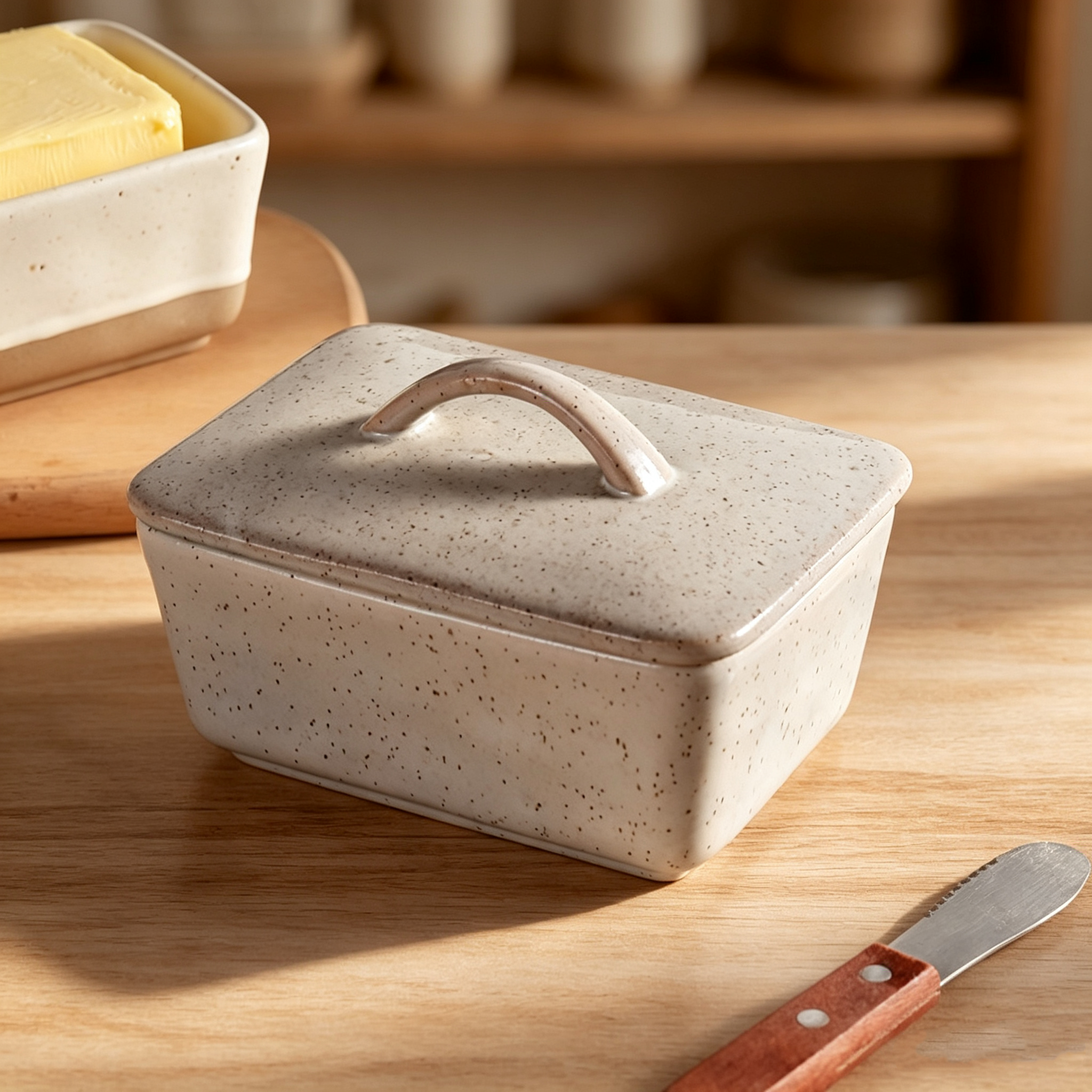 Vintage Speckled Ceramic Butter Dish with Lid, Rectangular Covered Butter Keeper, Western Butter Cheese Storage Container for Refrigerator
