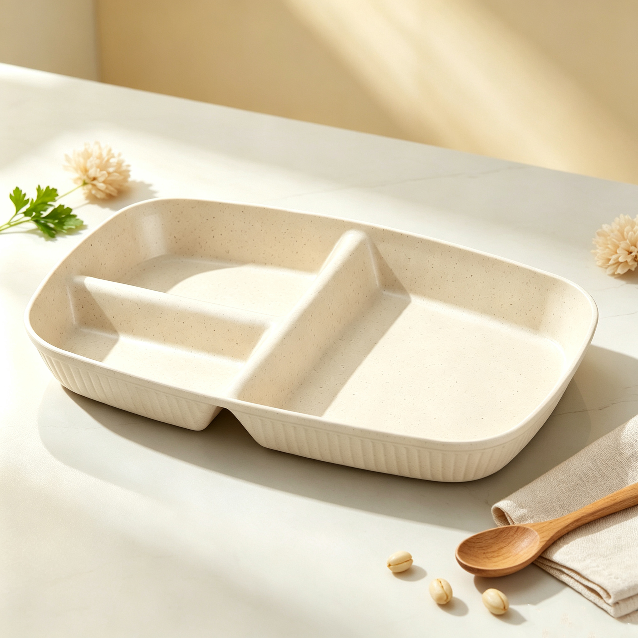 Wheat Straw 3 Compartment Divided Plate, 211 Healthy Portion Control Rectangular Tray, BPA Free Plastic Sectioned Dinner Plate, Eco Friendly Portion Control Dish Set for Weight Loss
